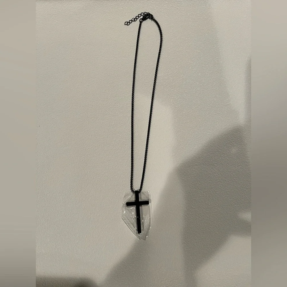 NEW Black Stainless Steel Cross Necklace Bible Verse 4:13 Box Chain Adjustable